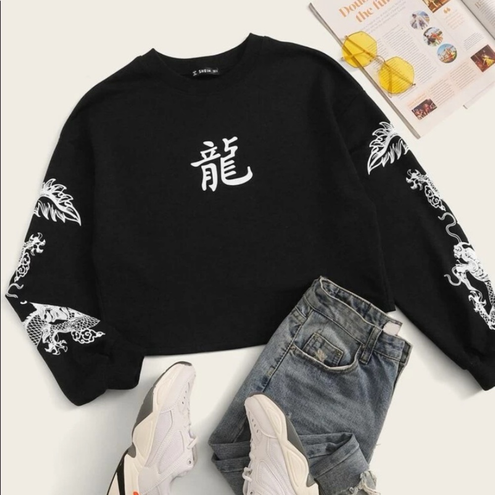 Dragon Printed Long Sleeve Sweater Crop